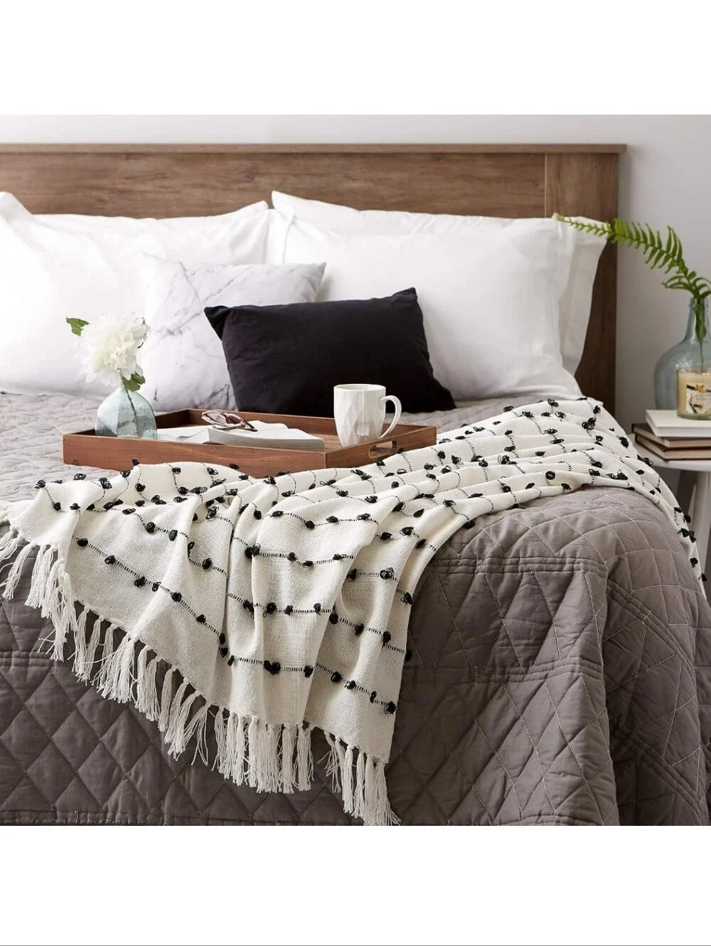 Off-white & Black Woven Cotton Loop Throw Blanket With Fringe